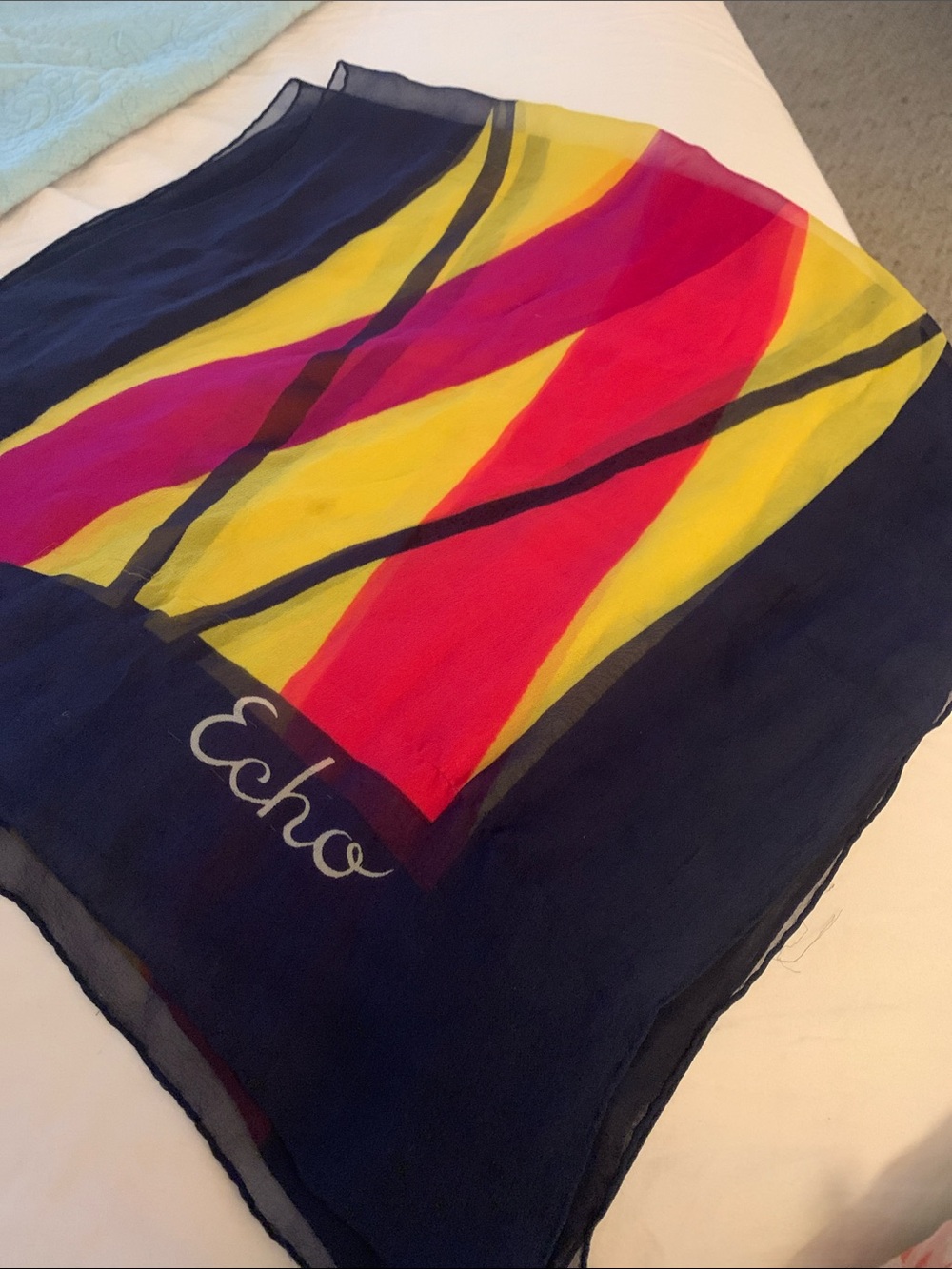 Echo Navy Silk Scarf with Yellow & Pink Wave Stripes vintage